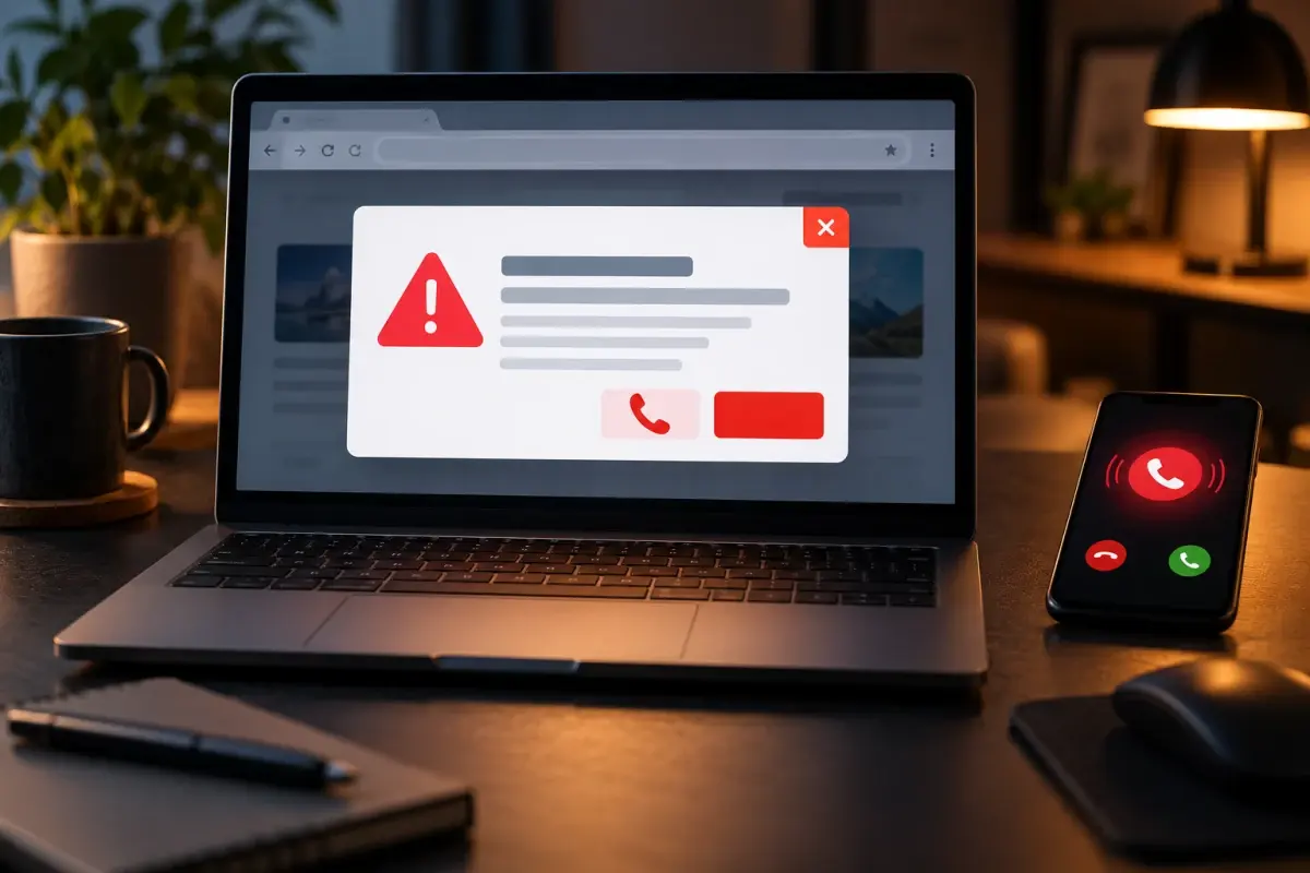 Verdachte browserwaarschuwing met telefoonverzoek op een laptop