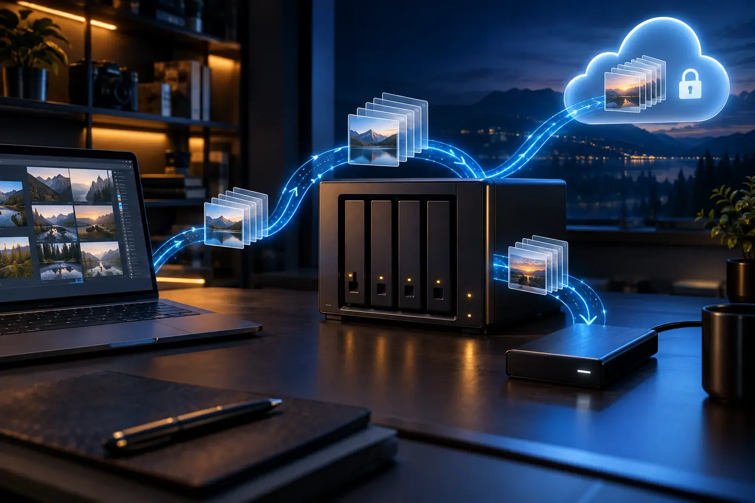 NAS die versleutelde back-ups maakt naar externe schijf en cloud