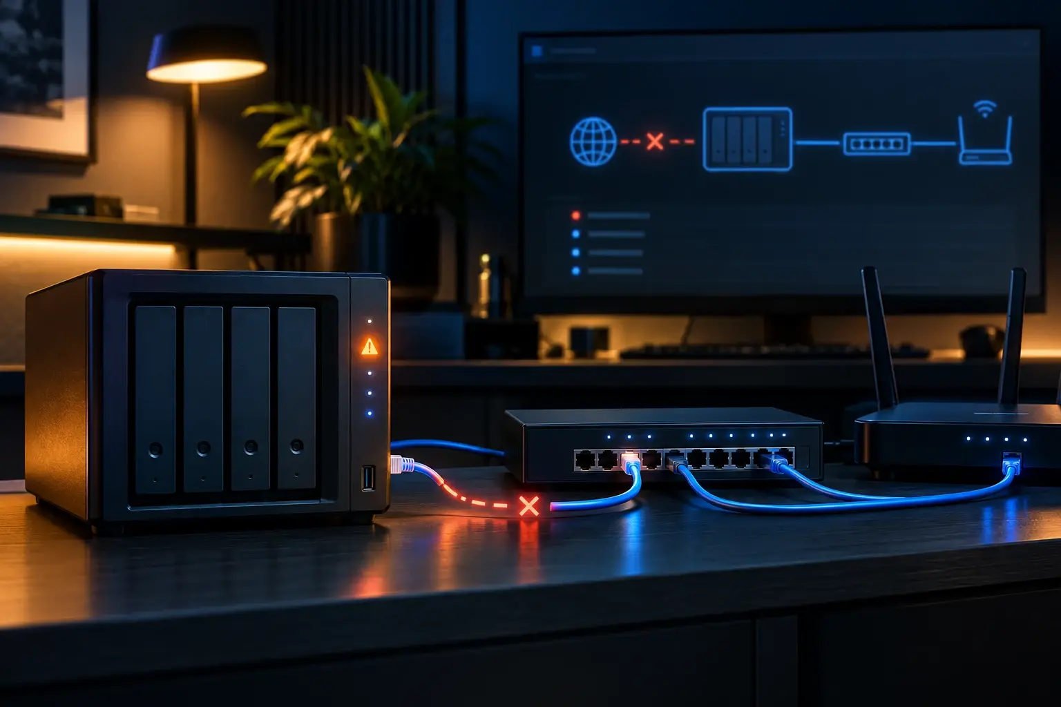 NAS met onderbroken netwerkverbinding naar router en switch