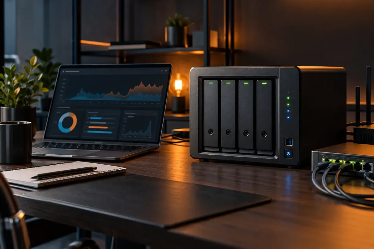 NAS, laptop en netwerkswitch tijdens een prestatiecontrole