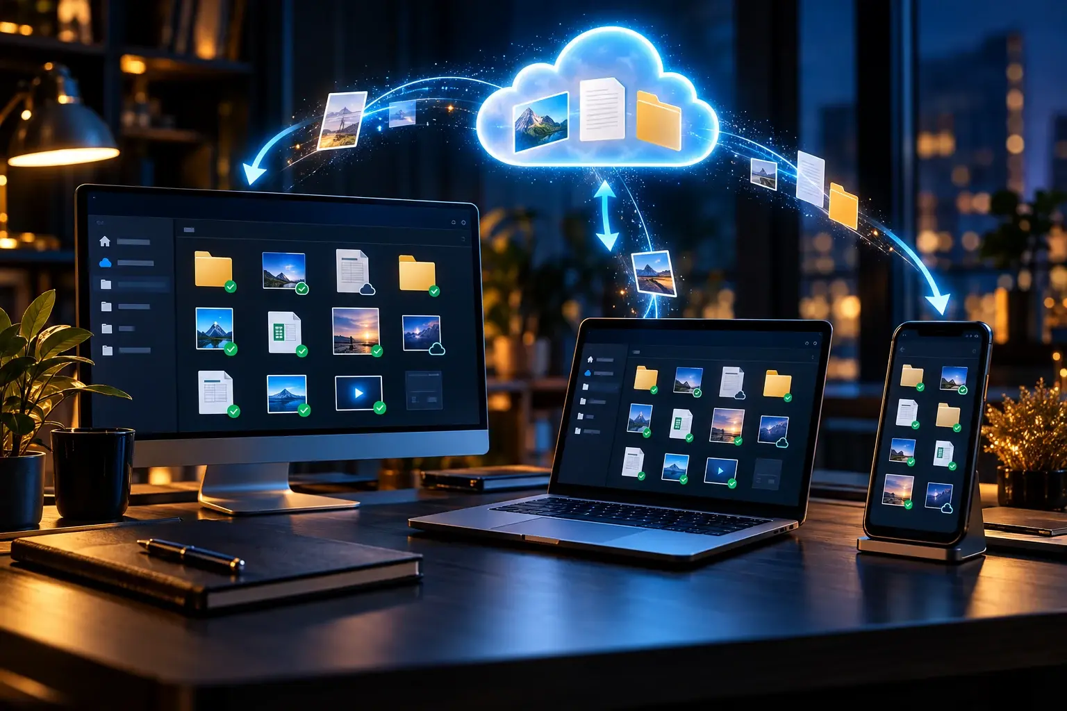 Bestanden die via cloudopslag tussen computer laptop en telefoon synchroniseren