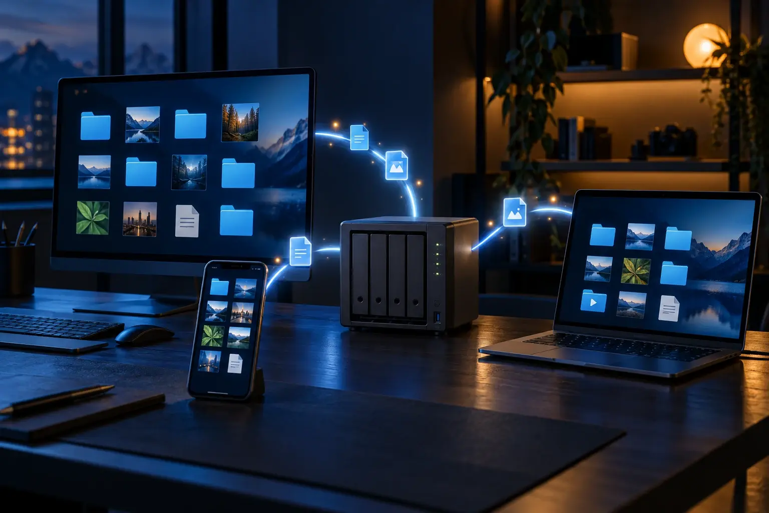 Bestanden die via een NAS tussen computer laptop en telefoon synchroniseren