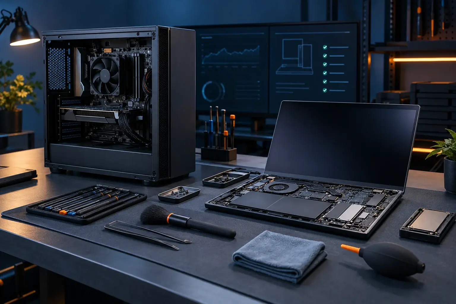 Laptop en desktopcomputer krijgen zorgvuldig preventief onderhoud