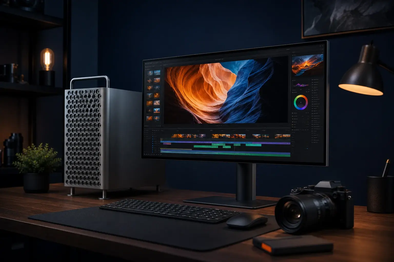 Computerwerkplek voor professionele foto- en videobewerking