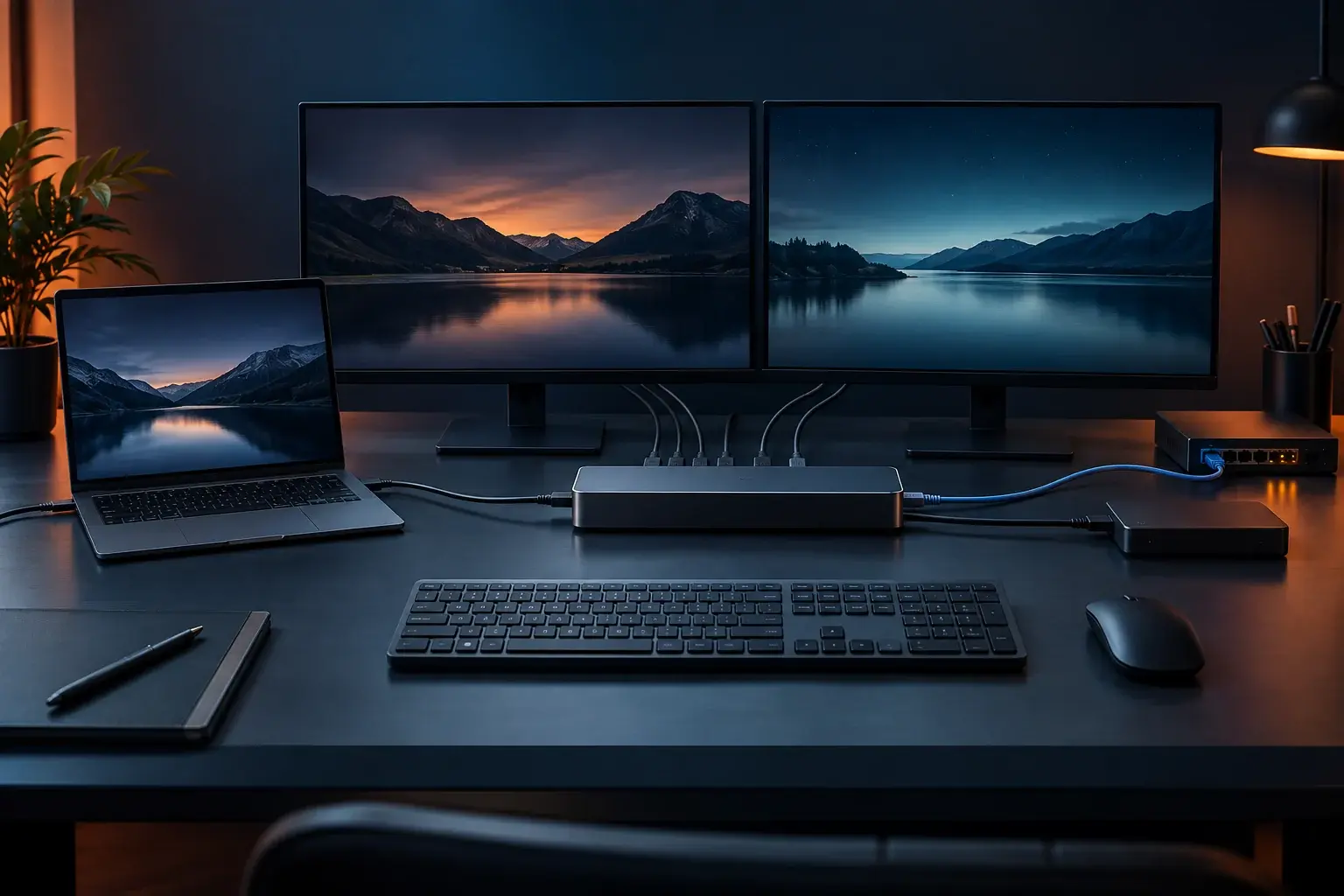 Dockingstation verbindt een laptop met monitoren netwerk en randapparatuur