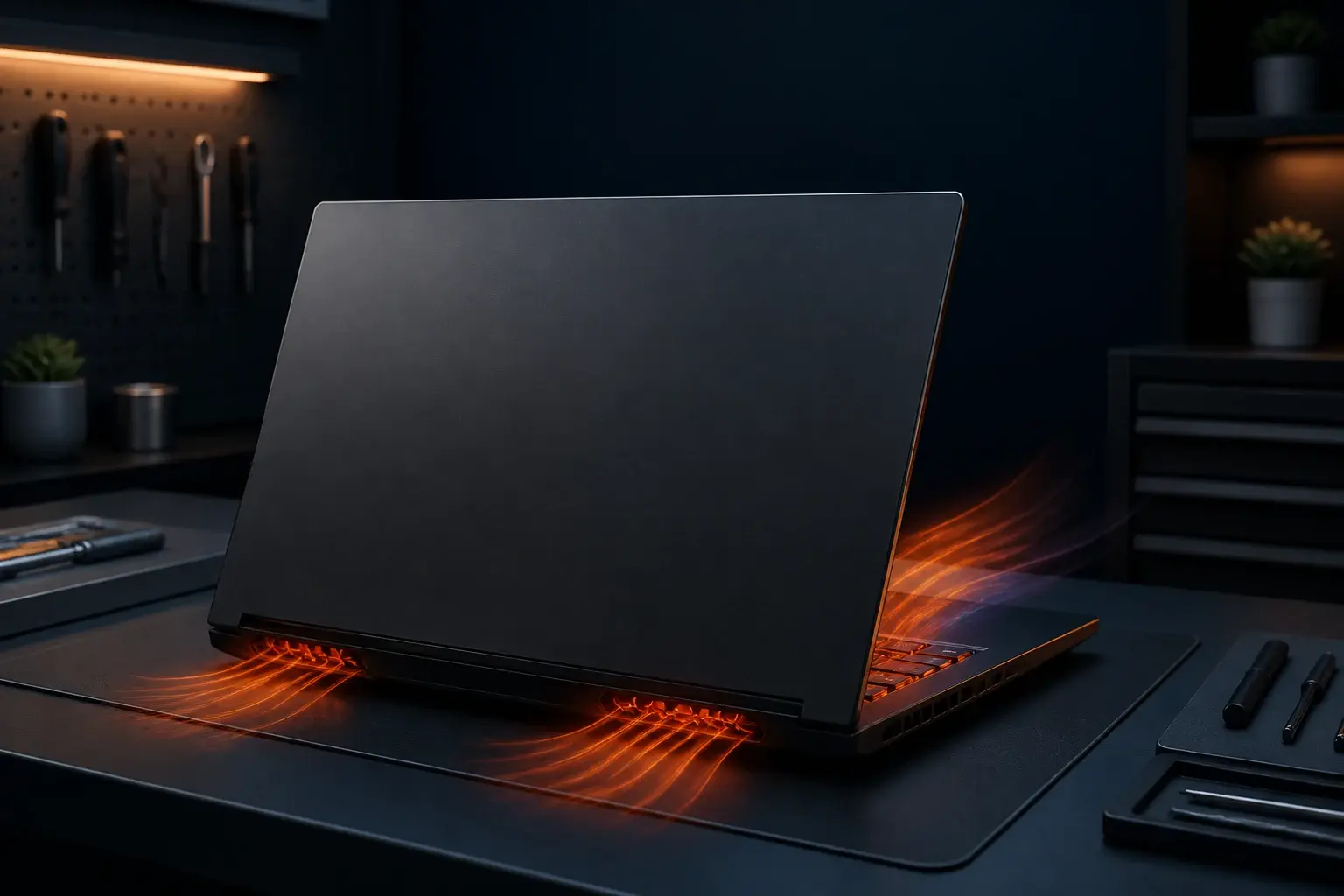 Warme laptop met zichtbare luchtstroom bij de koeling