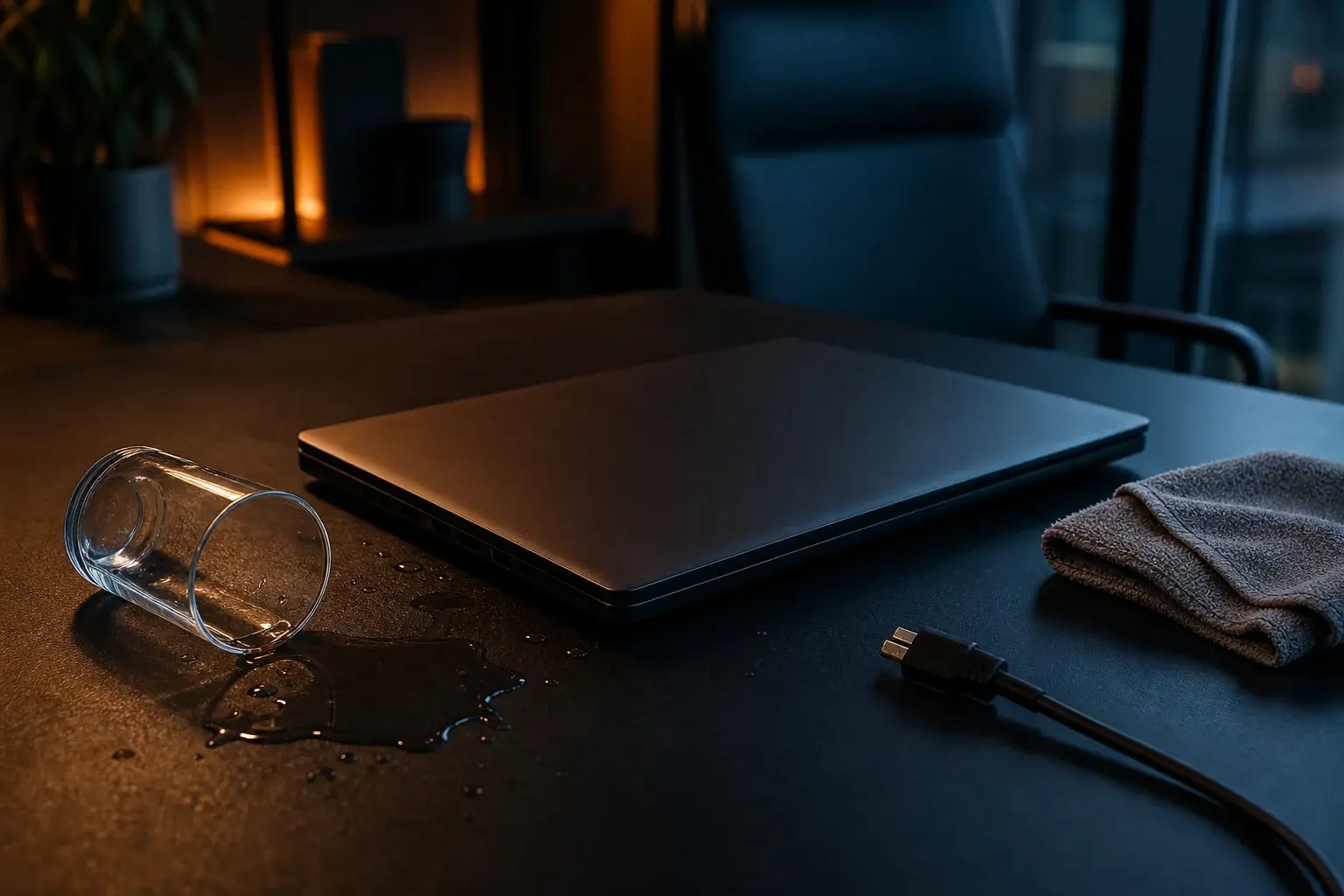 Uitgeschakelde laptop met vloeistofschade en losgekoppelde voeding