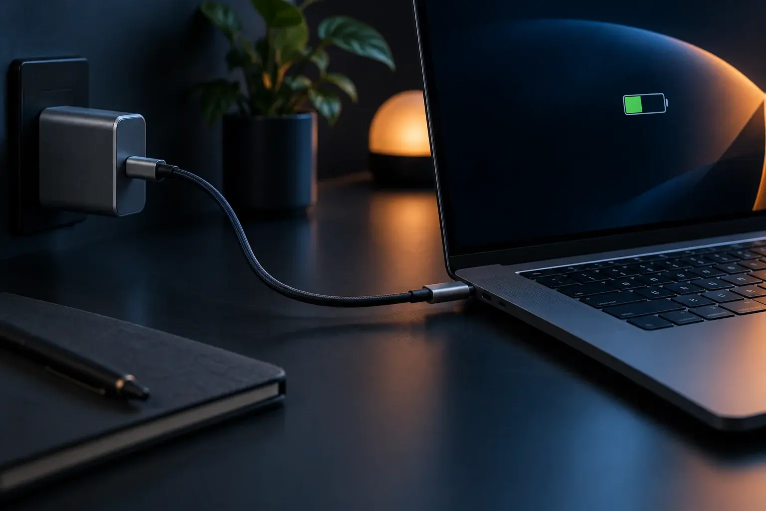 Laptop wordt opgeladen via USB-C Power Delivery