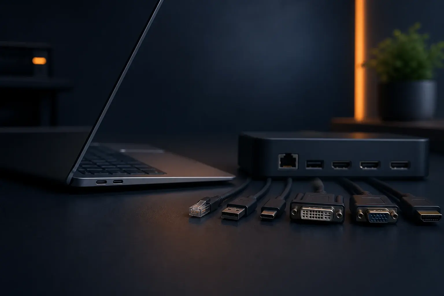 Dunne laptop met weinig poorten naast een dockingstation en adapters