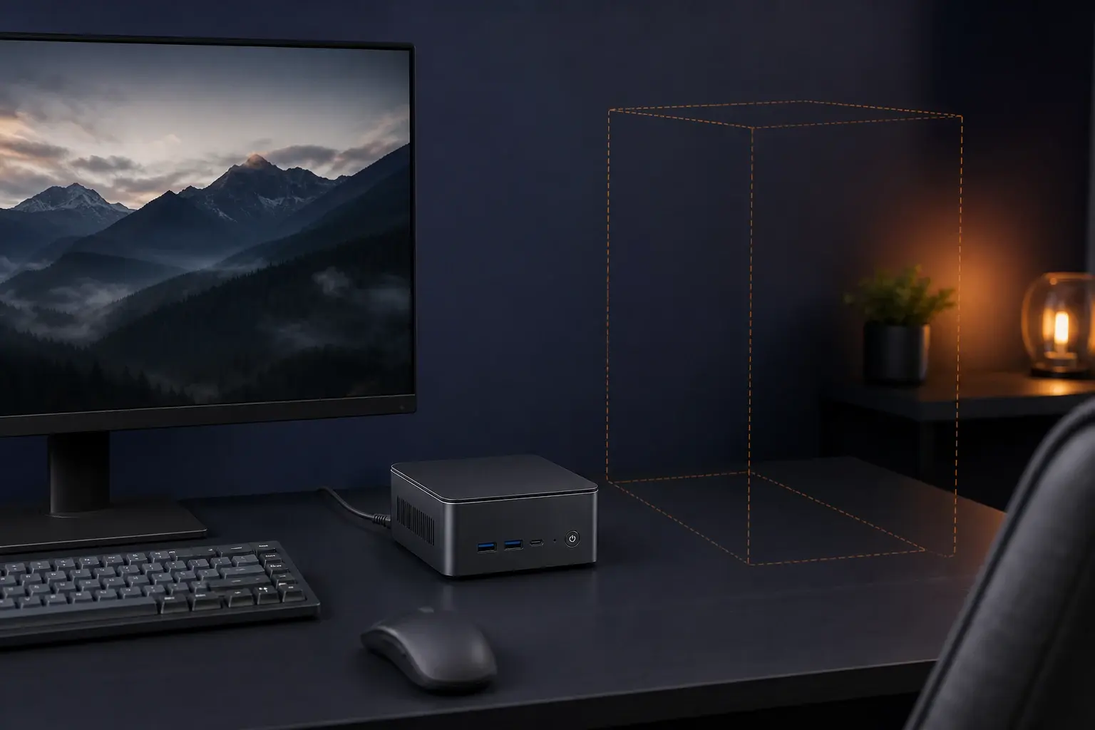 Compacte mini-pc op een moderne werkplek