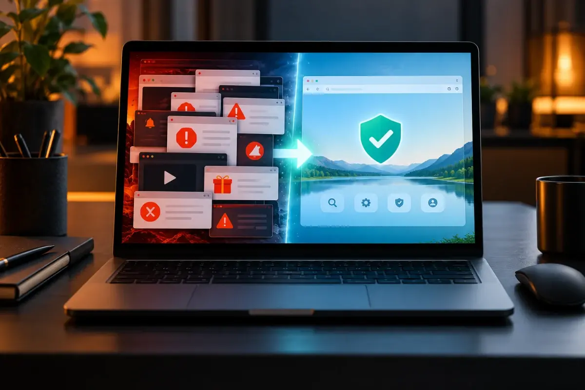 Browser die van storende pop-ups naar een schone veilige weergave wordt hersteld