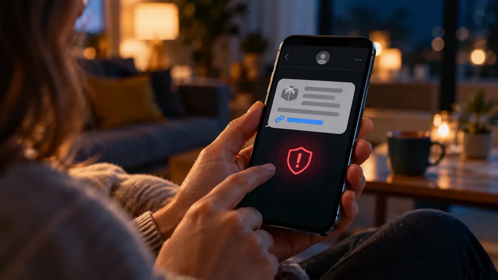 Smartphone met verdachte sms-link en beveiligingswaarschuwing