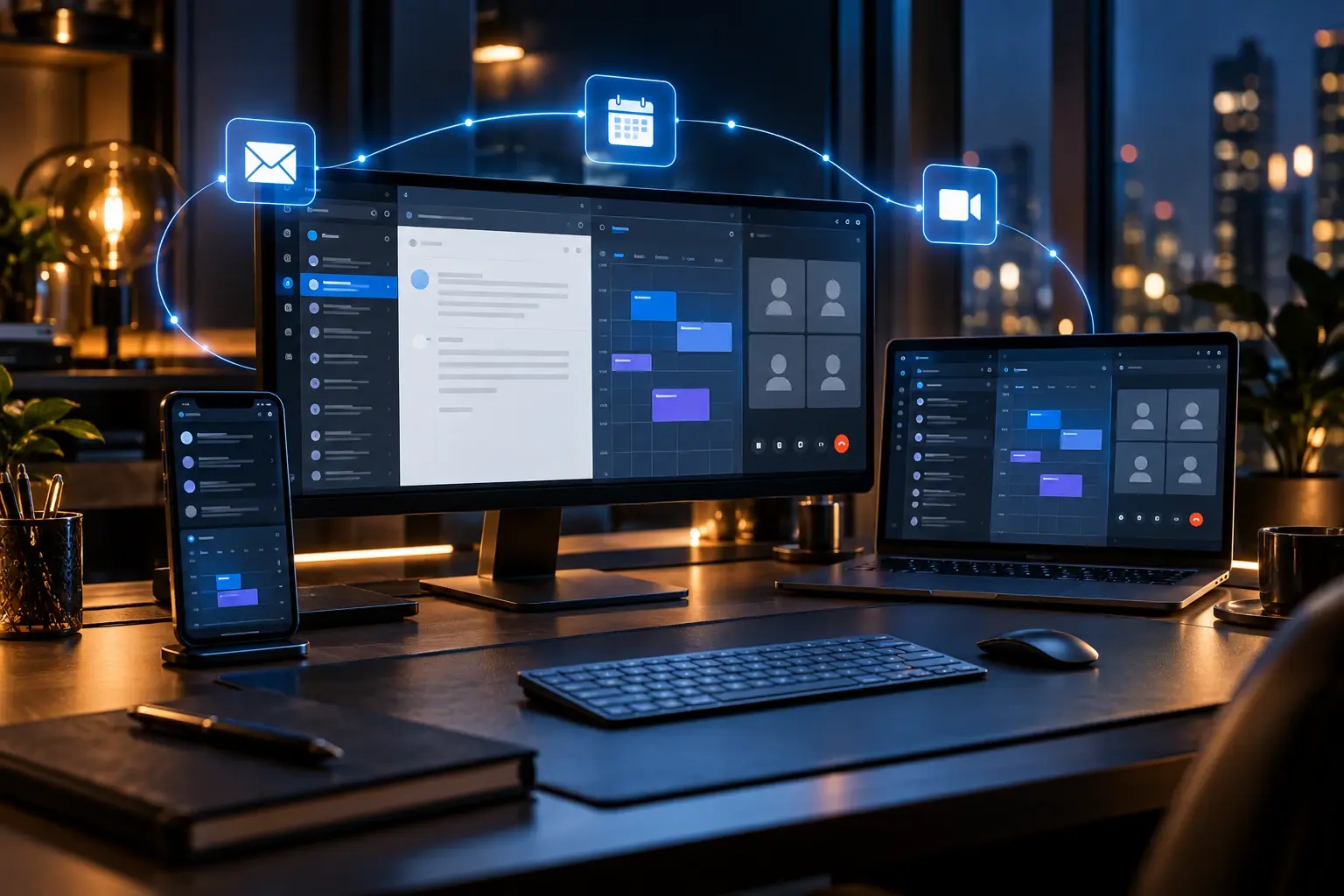 E-mail agenda en online vergaderingen verbonden op meerdere apparaten