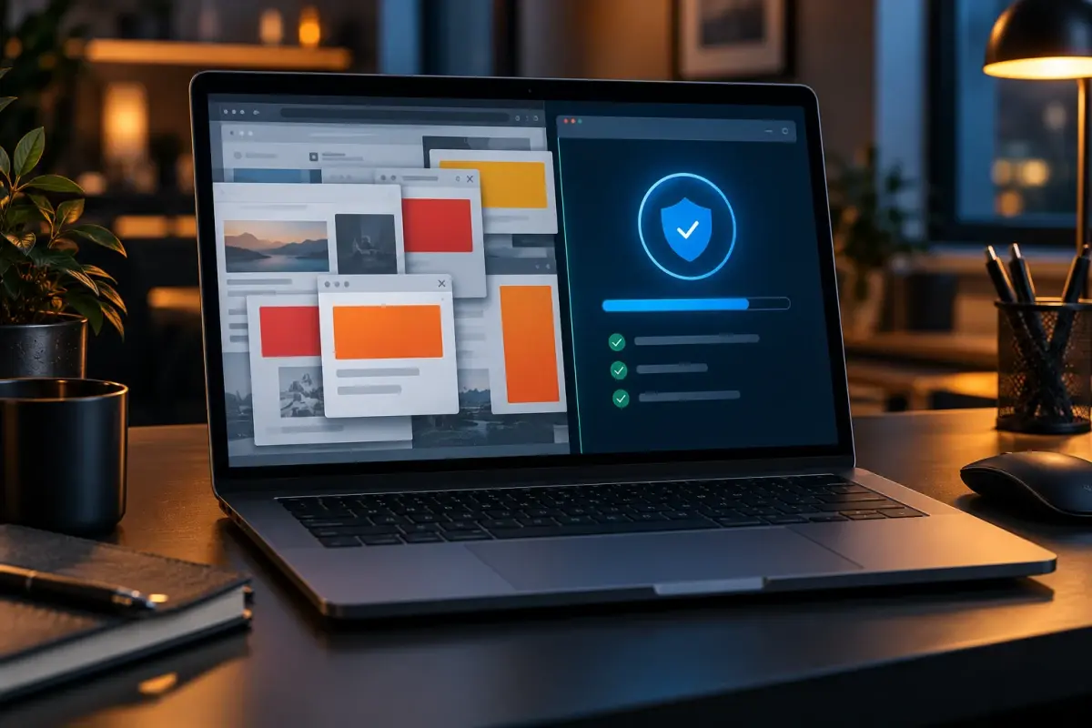 Laptop waarop ongewenste advertentiepop-ups veilig worden opgeschoond